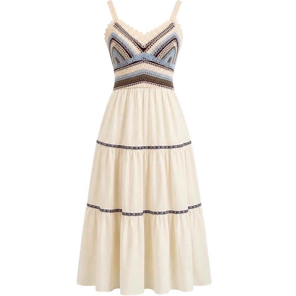 Cider Crochet Bodice Midi Dress Cream Boho Tiered Festival Summer Farmers Market